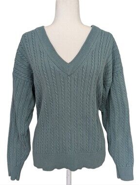 Izod Club Womens Vintage Ladies Green V Neck Knit Long Sleeve Sweater Size Large